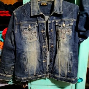 Ethyl blue jean jacket with rhinestones on pockets and back XL